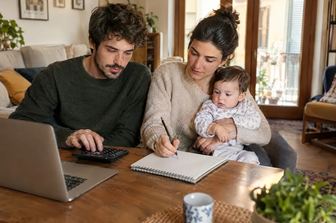Due genitori fanno il budget familiare al tavolo del soggiorno con computer, calcolatrice e quaderno, mentre la madre tiene in braccio il neonato